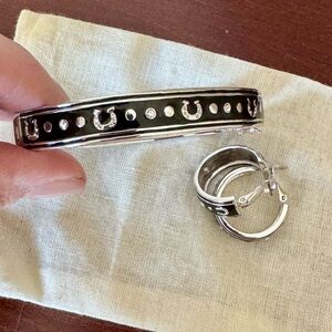 Silver Horseshoe Western Equestrian Black Enamel Bangle & Earrings Set